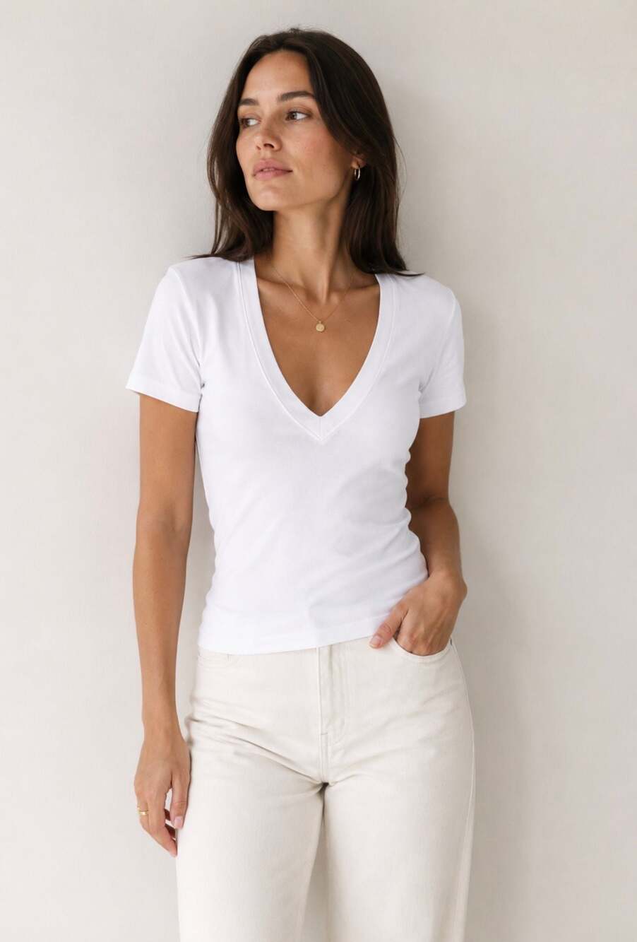 Zara White Ribbed Deep V-Neck Fitted Tee Top S Minimalist Basic NWOT